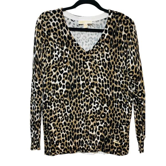 Michael Kors Leopard‎ Print V Neck Knit Sweater Small - Picture 1 of 8